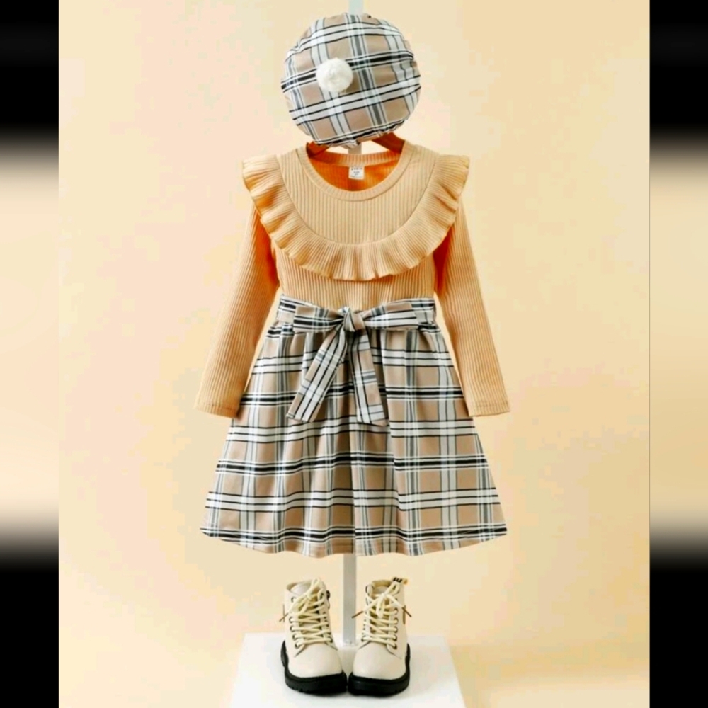 Girls Chic Preppy Retro Ruffle Plaid Dress And Beret Outfit Size 6 EUC